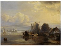 Egide_Linnig_-_Shore_landscape_with_moored_sailing_boats_and_a_crowded_barge.jpg