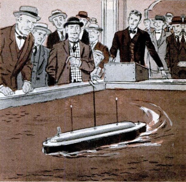 In September 1898, Tesla demonstrates his radio-controlled torpedo boat at Madison Square Garden in Ney York City. (Popular Science July 1956).jpg